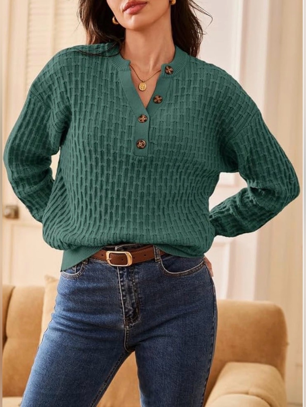 Button-Front Textured Crew Sweater in Teal Green - Women - Picture 3 of 8